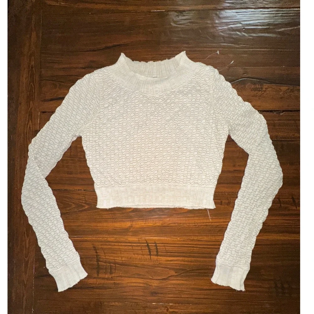 Free People Jane Top Cream White Honeycomb Textured Knit Long Sleeve Crop Small